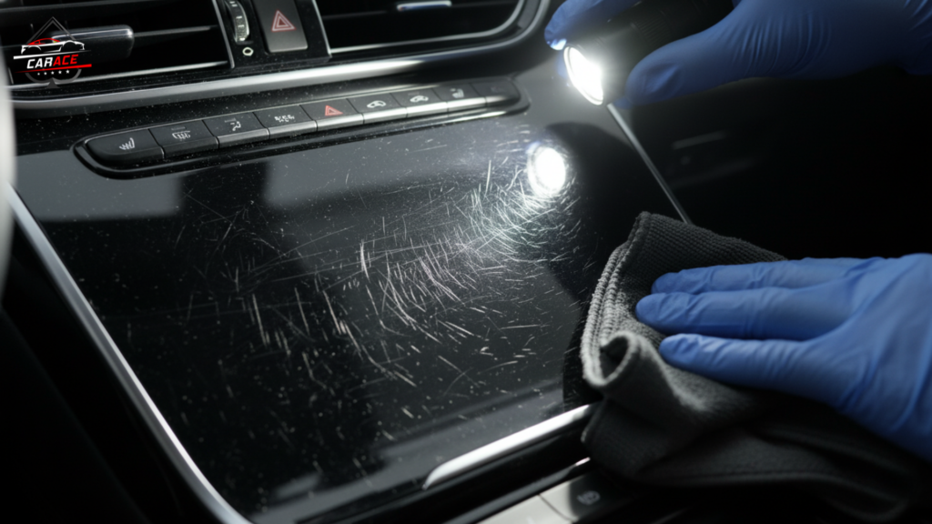 Dashboard and plastic trim restoration at car detailing workshop Noida Sector 3.