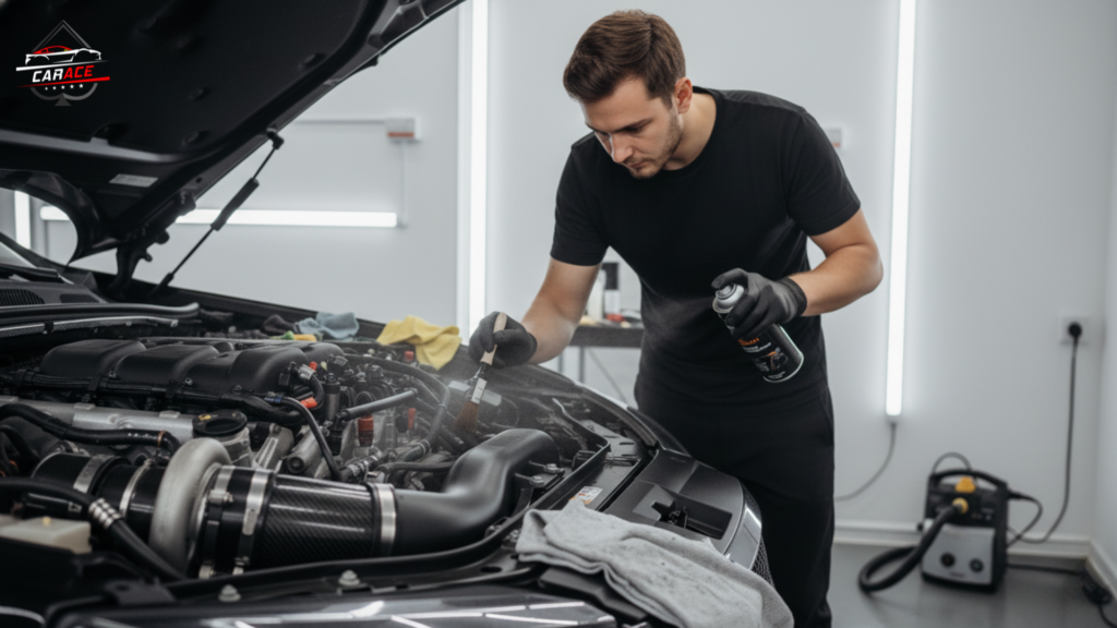 Wheel and tyre cleaning during car detailing service in Noida Sector 3.