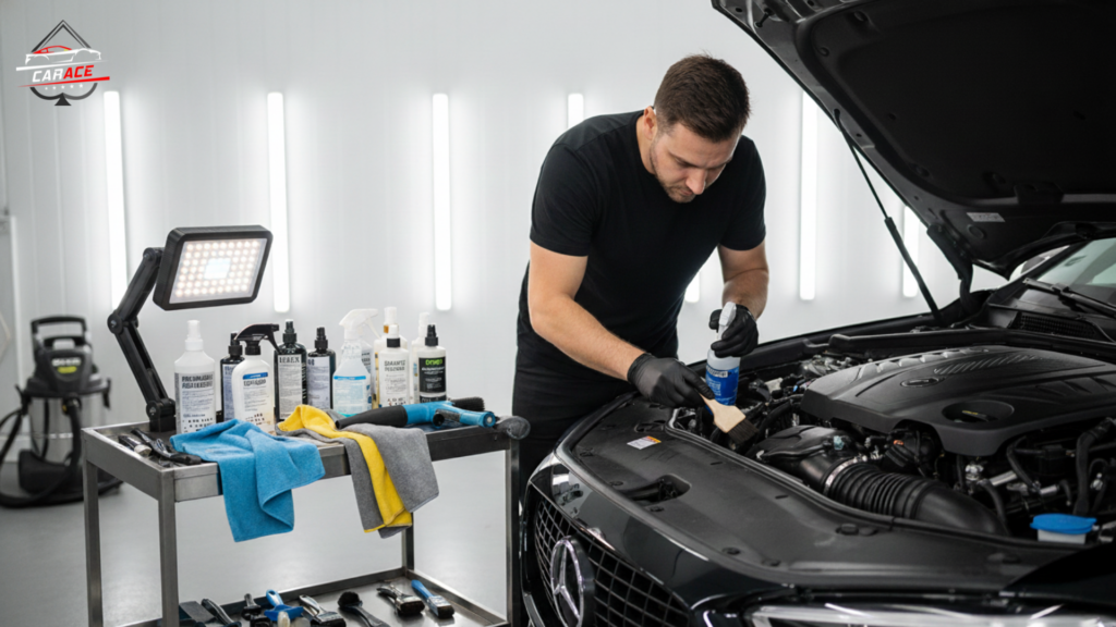 Full interior vacuuming and stain removal at Noida Sector 3 car workshop.