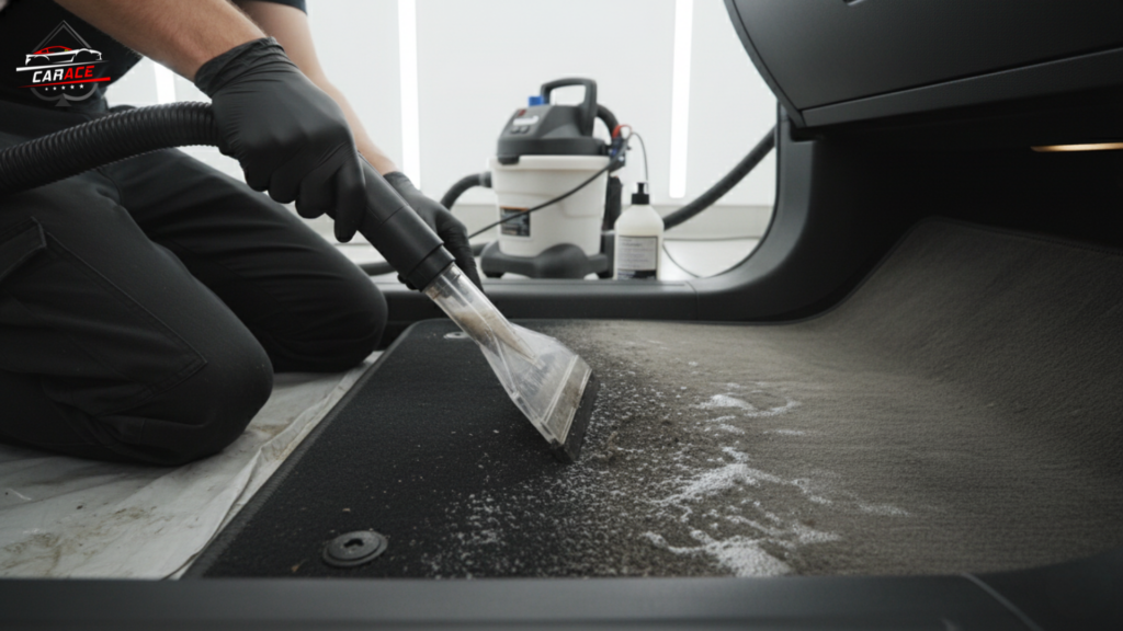 Headlight restoration and polishing at car detailing workshop in Noida Sector 3.