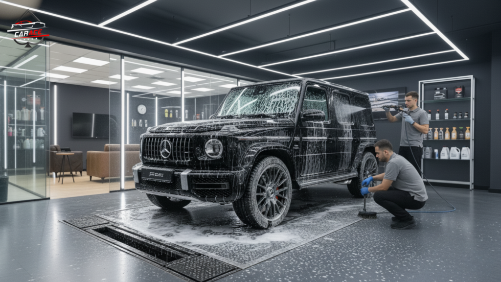 Wheel and tyre cleaning during car detailing service in Noida Sector 3.