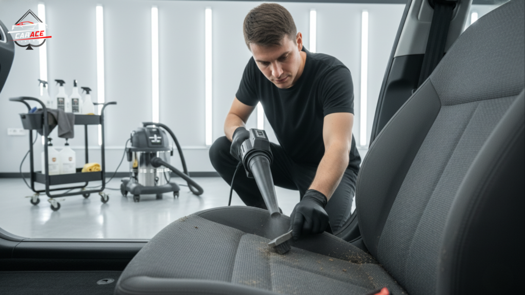 Detailing expert cleaning car interior at workshop in Noida Sector 3.