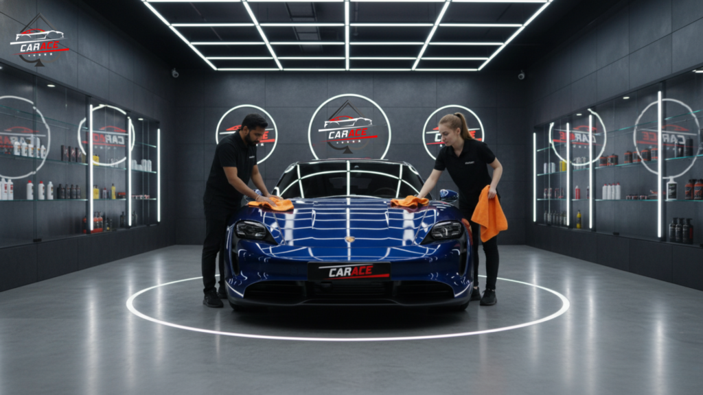 Headlight restoration and polishing at car detailing workshop in Noida Sector 3.